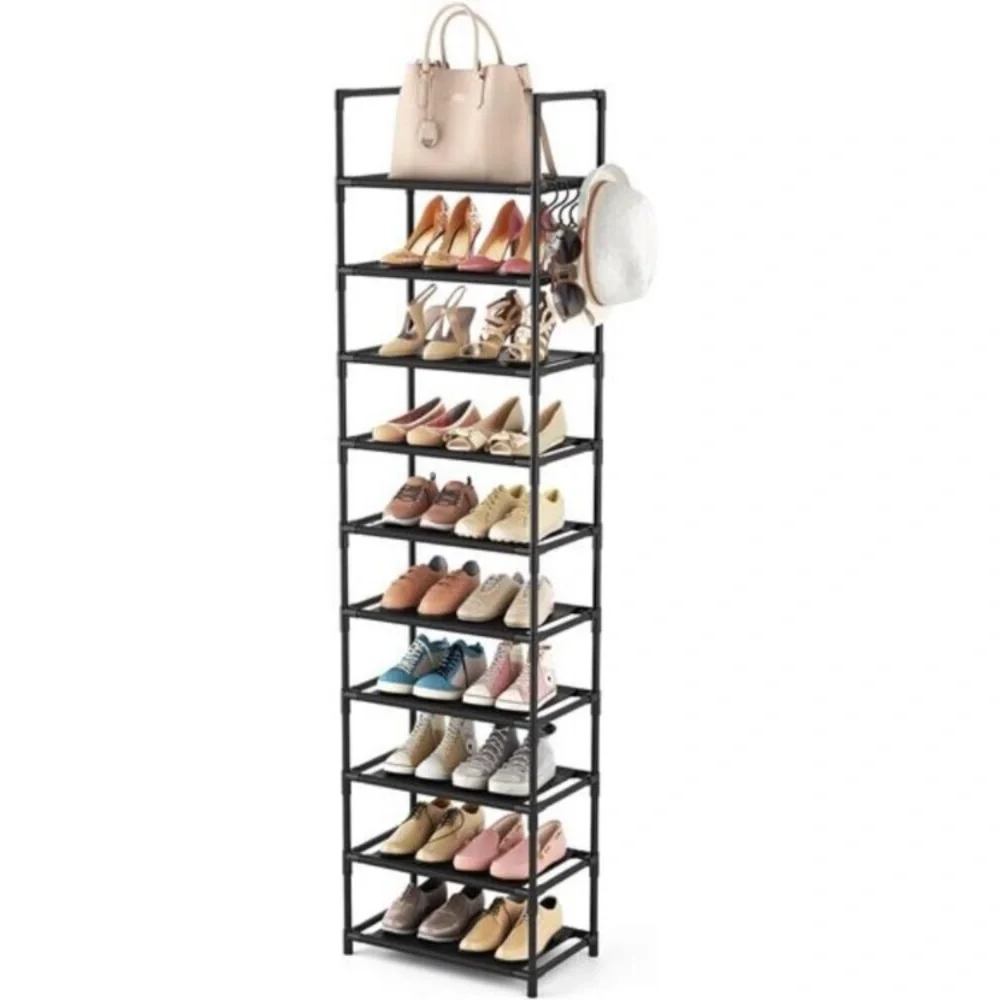 Tall Narrow Shoe Rack 10 Tier Organizer Shelf Holds 25 Pairs Black Storage